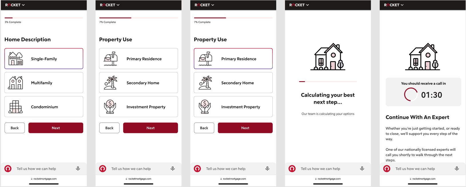 Rocket's mobile onboarding: home description, property use, a calculating step, and a handoff to a human expert, with Liv's input available on every screen