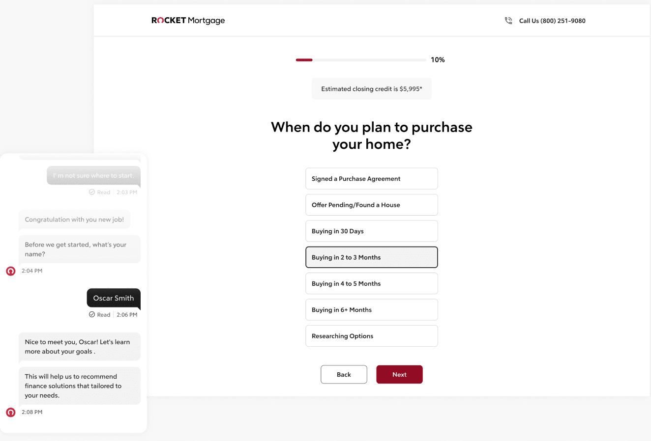 Rocket onboarding designed for parity: the same intake as a familiar web form asking when the user plans to purchase, and as a conversation with Liv sharing the same goals