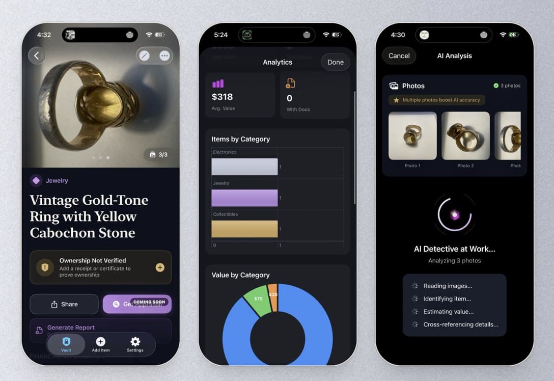 The Custoria iOS app: an item detail for a vintage ring, vault analytics by category, and the AI analyzing three photos