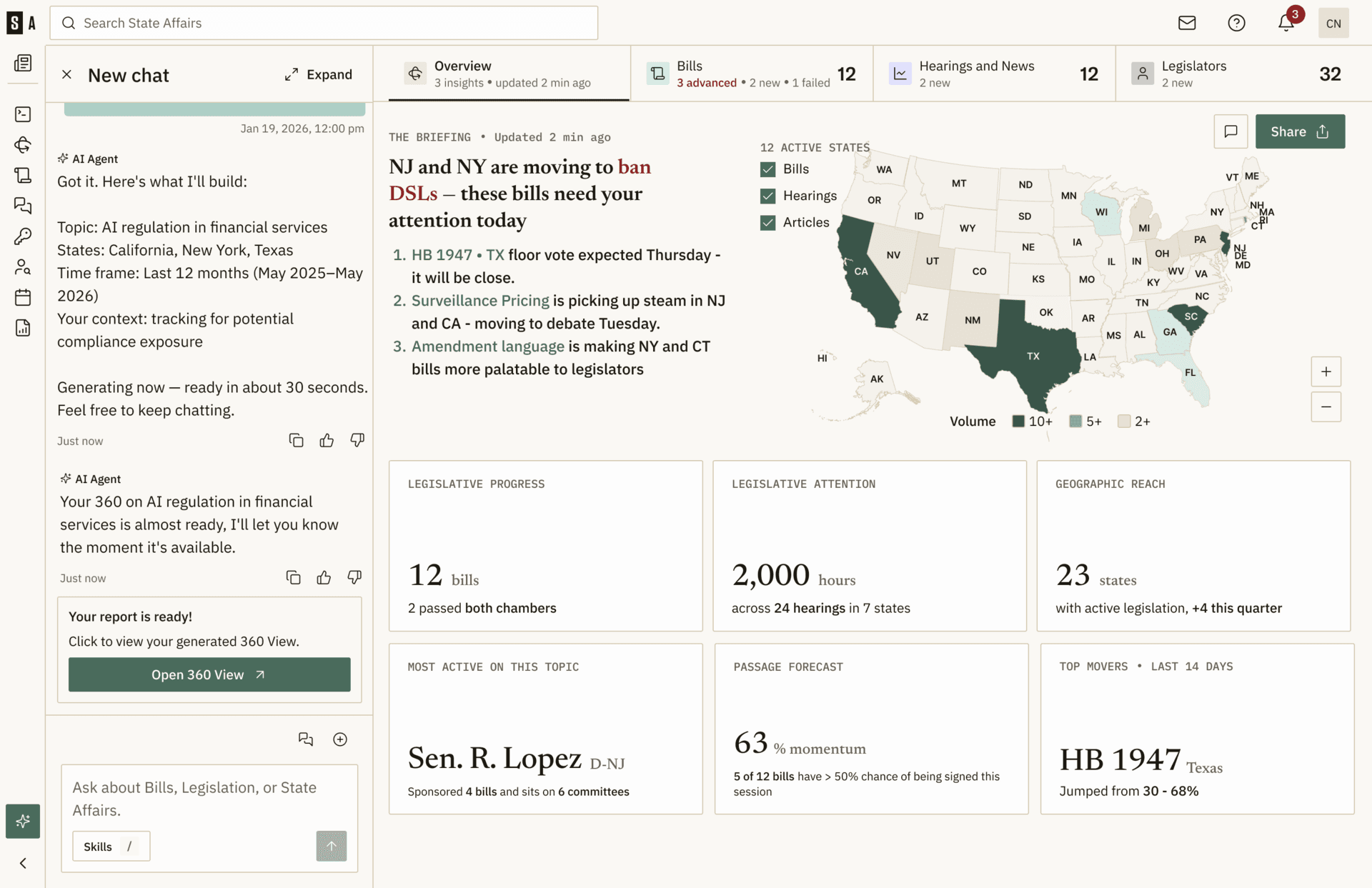 AI Chat generating a 360° View: briefing, active-states map, momentum and forecast in one surface