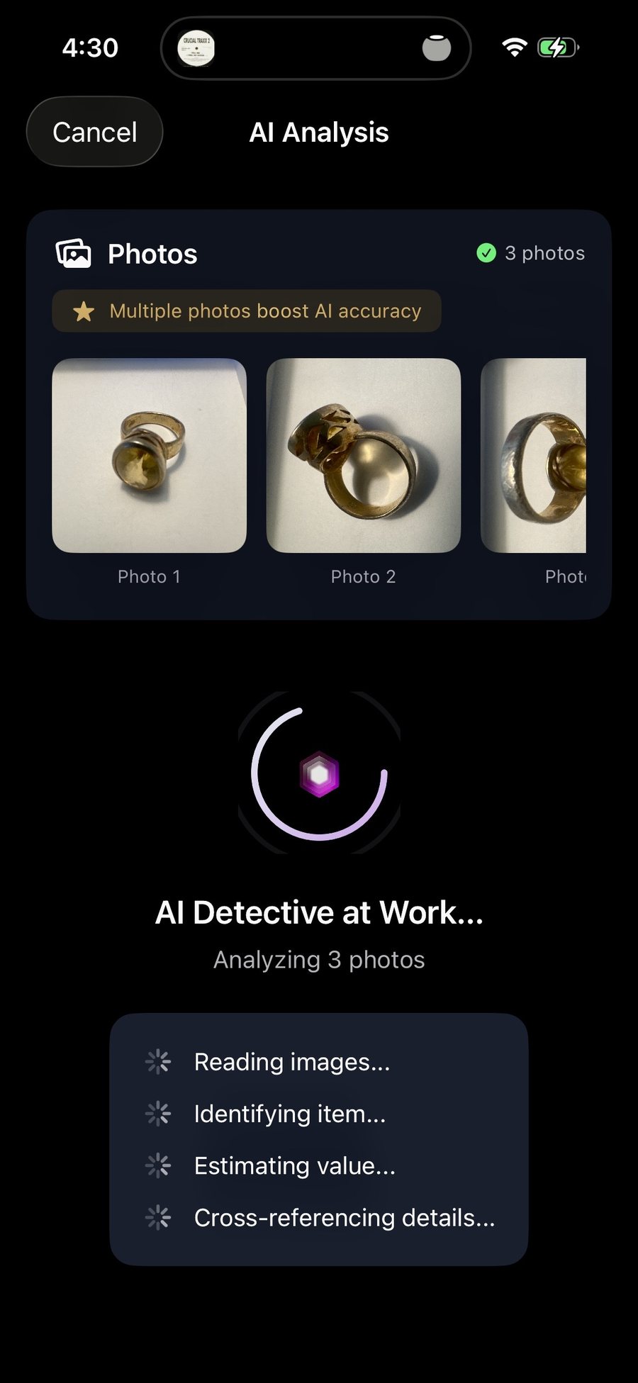AI analysis in progress, reading photos and estimating value
